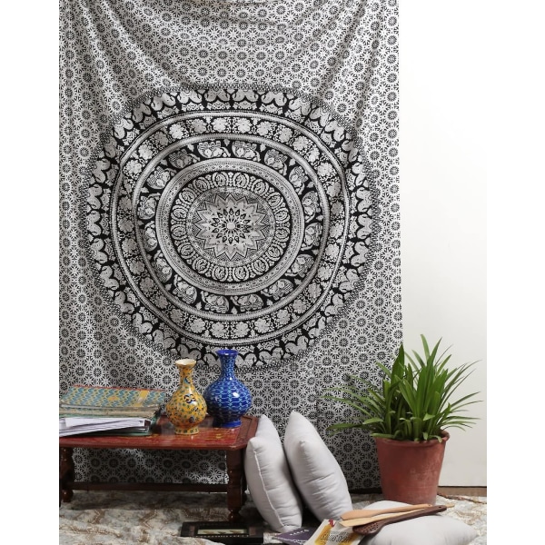 200Cm X 150Cm Sort/Hvid Vægtapet - Sort Mandala Vægtapet - Vægophæng Bomuld Håndtrykt Elefant Strandtapet Til Soveværelsesindretning