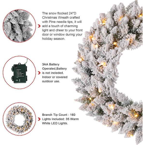 18\" D Förbelyst Snöbeklädd Julkrans med Varma Vita LED-lampor och Timer Artificiell Dekorationskrans för F