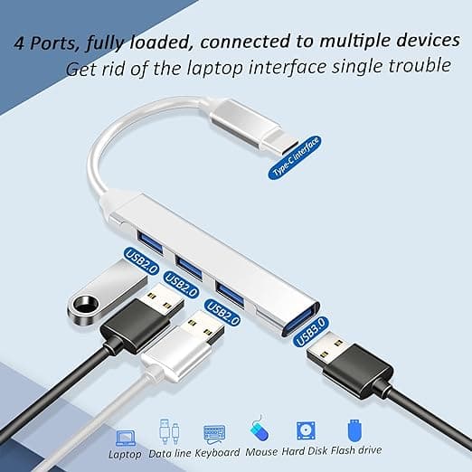 1 stk Sølv USB Hub, 4 i 1 Hub, USB Distributør, USB Flash
