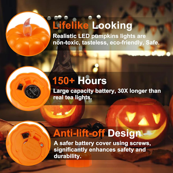 Halloween-dekorasjoner med te-lys i form av gresskar, 24-pakning LED-lys i oransje gresskarform, batteridrevet, flammefrie lys