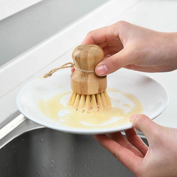 Bamboo Dish Scrub Brush for Kitchen Sink, Natural Wooden Washing Dish Brush Scrubber, Sisal Bristles Brush for Household Cleaning Cast Iron Brush Pots