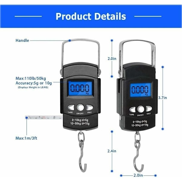 Elektronisk bagasjevekt, LCD digital bærbar elektronisk fiskevekt digital koffertvekt reisevekt (maks: 50 kg) med krok + målebånd（100 cm / 39 tommer）