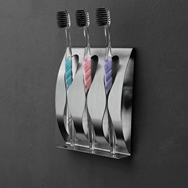 Tandbørsteholder, 3 Huller Rustfrit Stål Væghængt Tandbørste Razor Holder, 3M Selvklæbende Tape (Ingen Boring