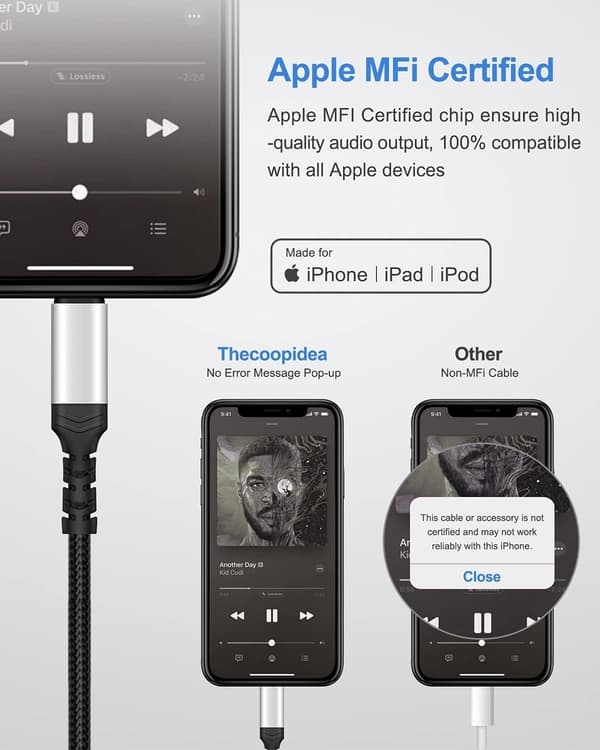 Auton apuäänikaapeli iPhonelle, 1 m stereo uros lightning