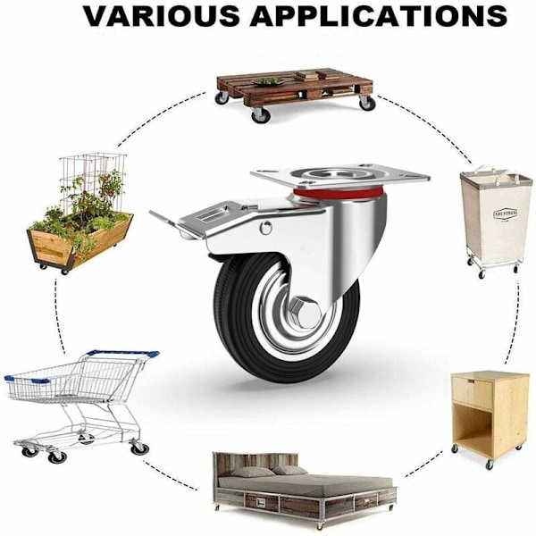 4 møbelhjul 75mm 200KG, drejehjul med bremse, In