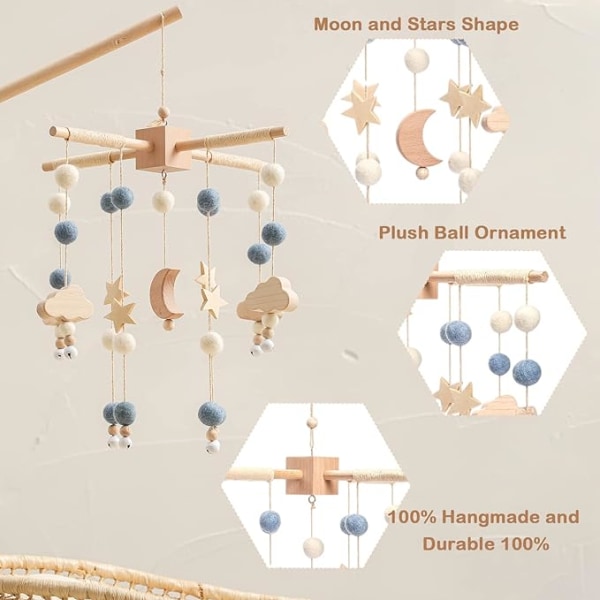 Babyklockor med filtbollar måne planet stjärnor mobil trä baby