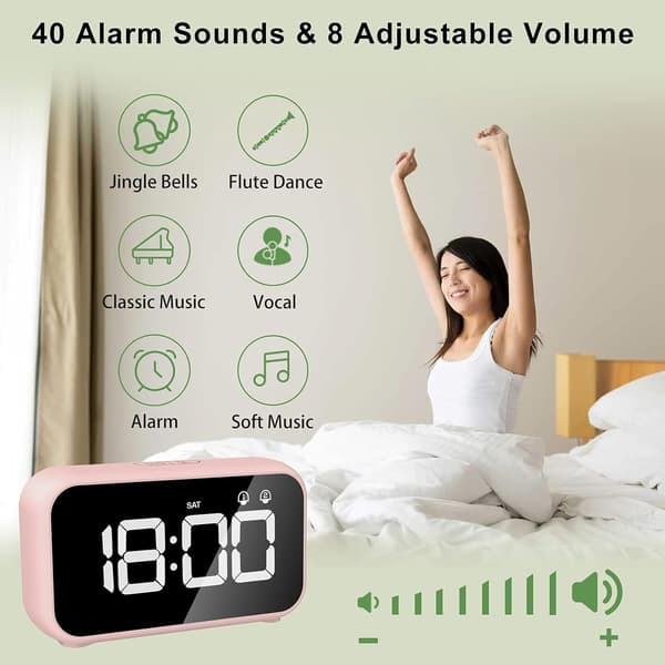 Rosa digital LED-vekkerklokke med snooze-funksjon, 2 alarmer, USB
