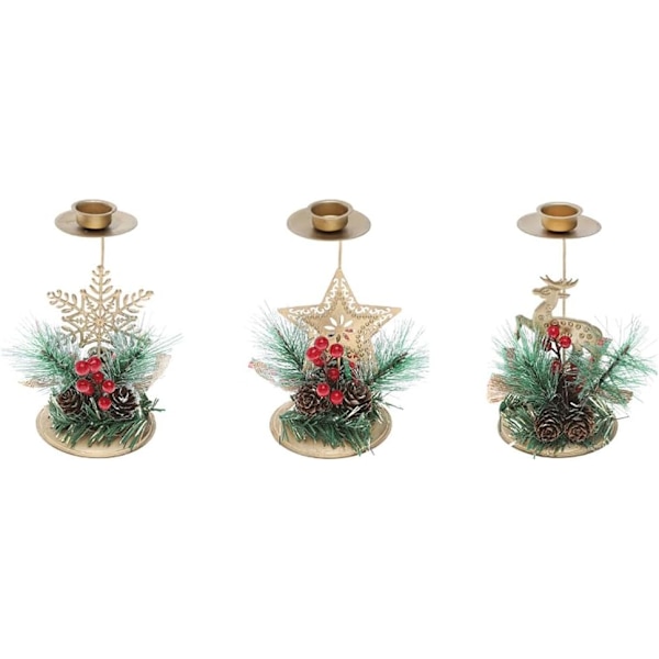 Julstjärna Ljusstake, 3-pack Konstgjorda Snöiga Tallbarr Tallkottar Bär Jul Ljusstakar, Jul