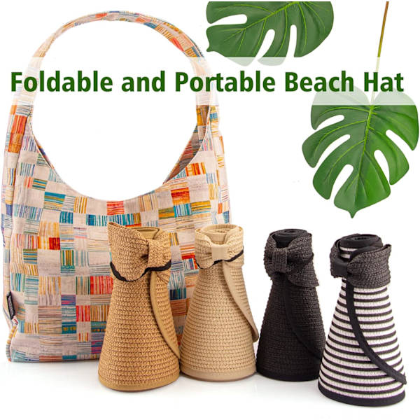 Foldbare solhatte af strå til kvinder, solbeskyttelse bredskygget solhatte justerbar topless strandhat, sort+beige