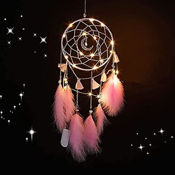 Nice Dream Pink Dream Catchers for Girls, Moon Dream Catcher with LED Light,Crystal Tree of Life Dream Catcher for Bedroom, Feather Wall Hanging Decor