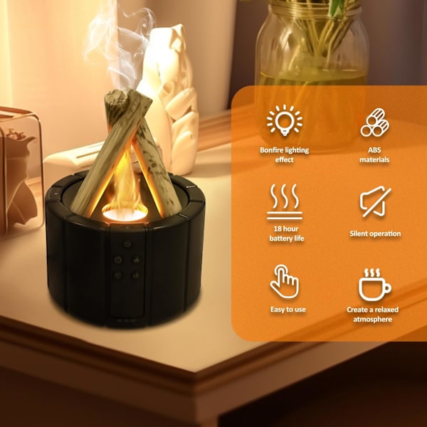 Flamme-ilddiffusor, bål-æterisk oliediffusor, luftfugter med flammelys med fjernbetjening,