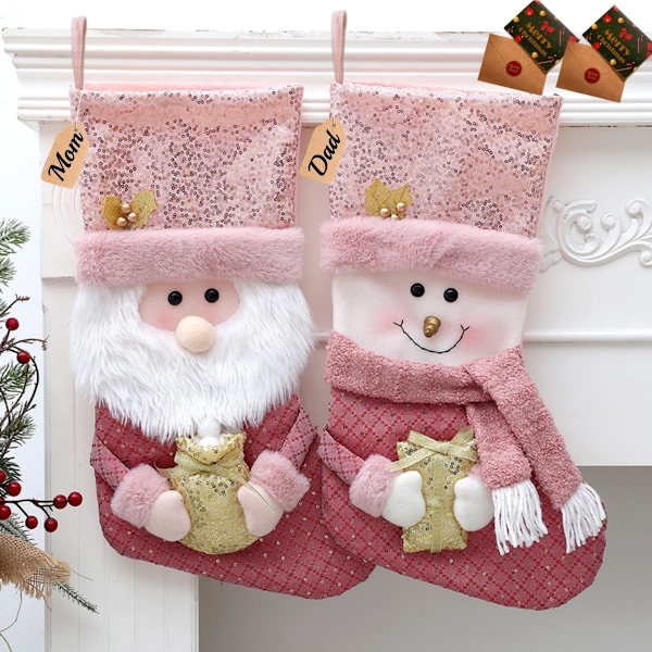2-pack Rosa Julstrumpor med Guld och Rosa Paljetter 20 tum Stor Storlek 3D Tomte/Snögubbe Docka Personlig