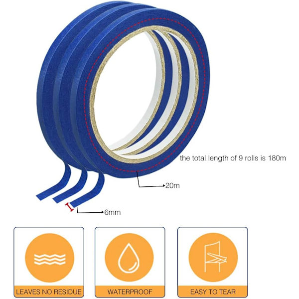 9 Ruller Maskeringsteip 6MM x 20M Krepppapir Beskyttende Scotch S