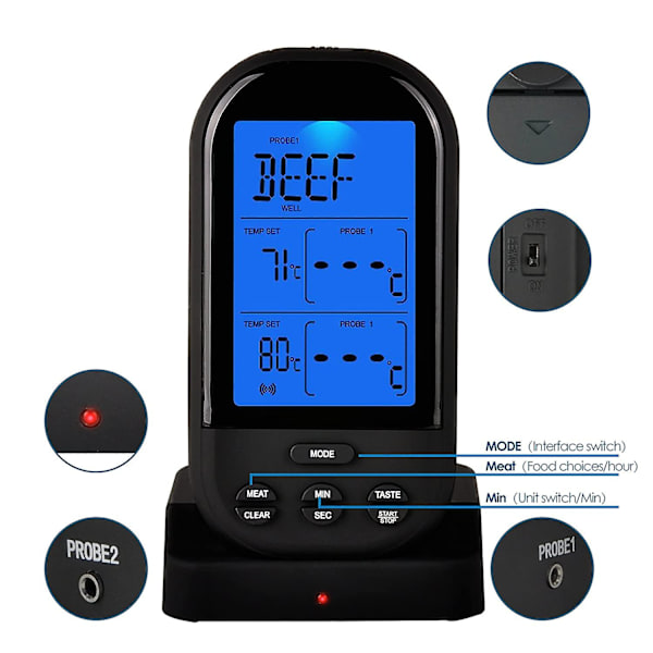 Trådløst digitalt stegetermometer køkkentimer med to sonder madlavningstermometer til oksekødsrygergrill BBQ sort