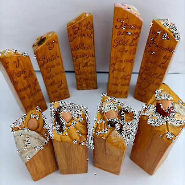 9 st Heaven Nativity Pillar Statues Set Resin Craft Trä Samlarobjekt Figurer För Heminredning Kyrka