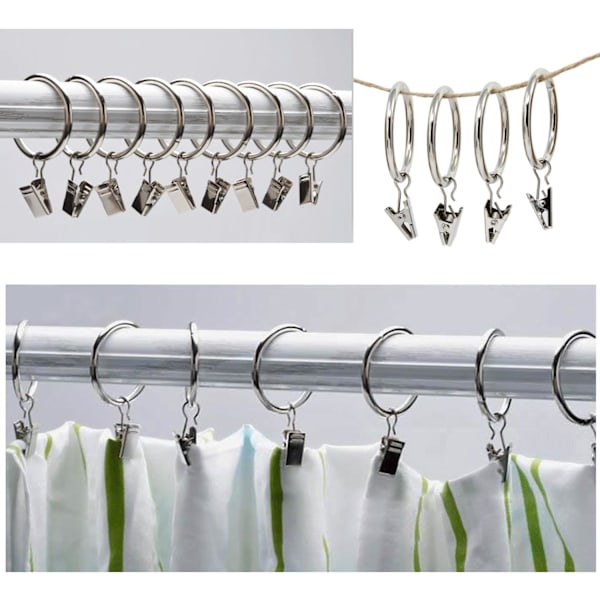 20 Stk. Gardinringe med clips, 38 mm indvendig diameter (sølv) Gardinophængsringe i rustfrit stål med clips til