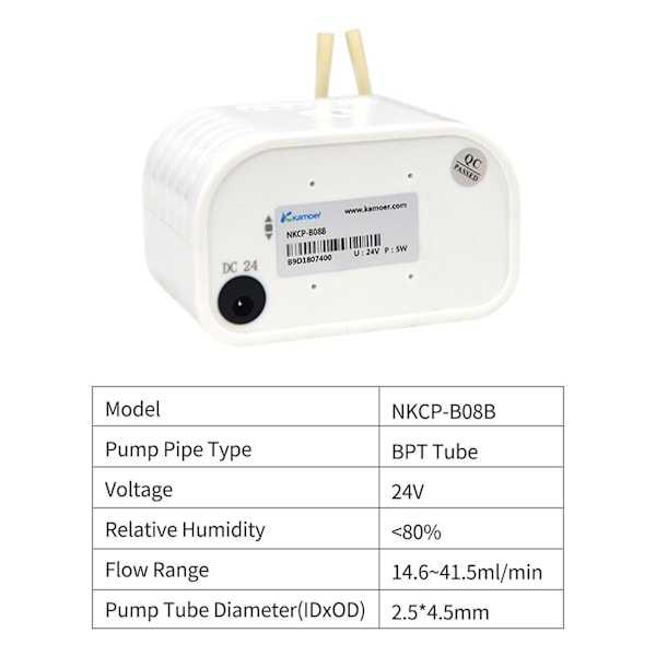 Kamoer NKCP-B08B 24V peristaltisk pumpe akvarie vandpumpe flow justerbar 14~41.5ml/min til DIY hvid