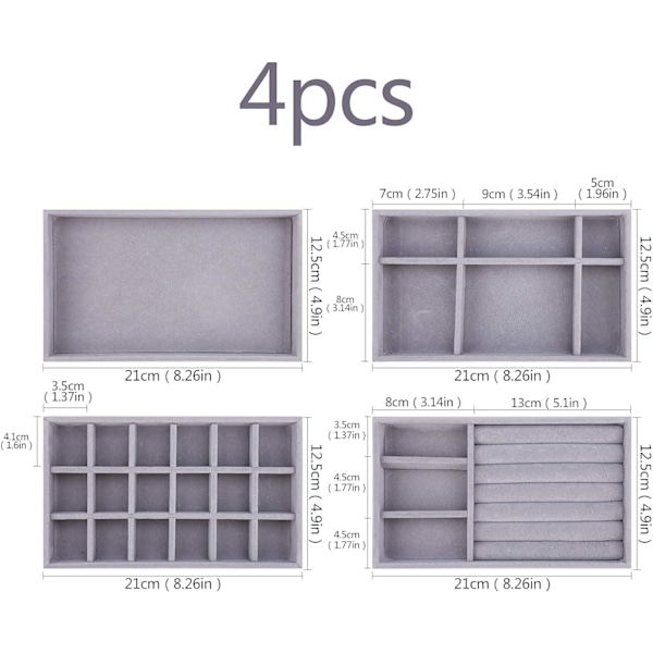 Smyckesfack Organizer Set med 4 Sammanställbara Smyckeslådor i Sammet