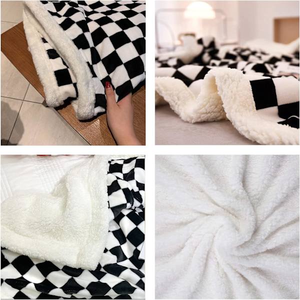 Rutete Fleece-teppe Fluffy Flanell Svart og Hvit Varm og