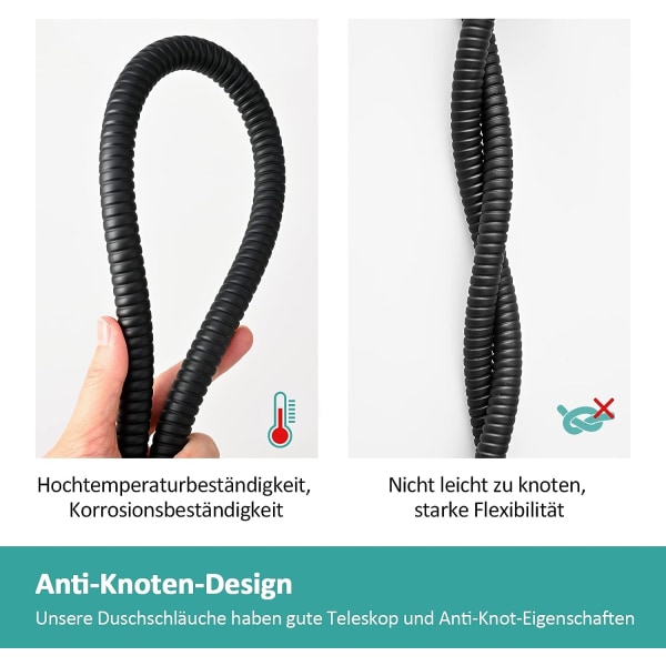 Brusheslange sort 1,5 m lang, rustfrit stål, fleksibel bruser