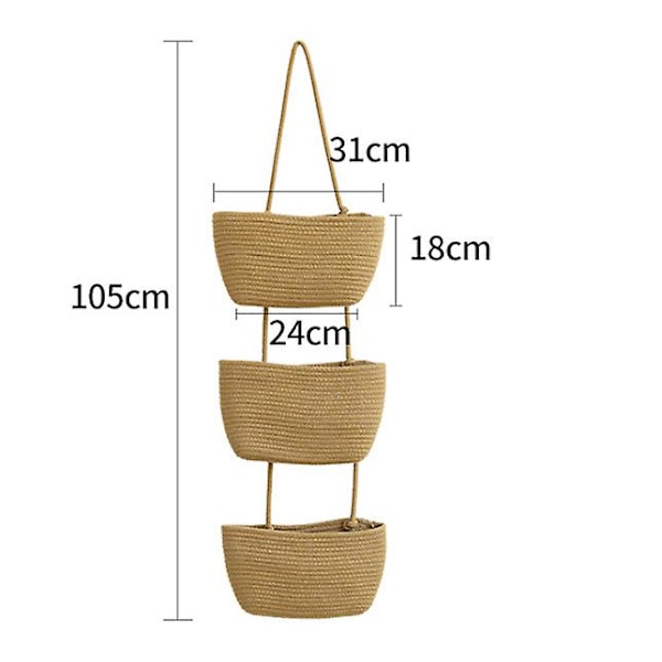 Oppbevaringsdør hengende oppbevaringspose, 3-lags hengende kurv laget av vevd bomullsrep, for oppbevaring, 105*31cm