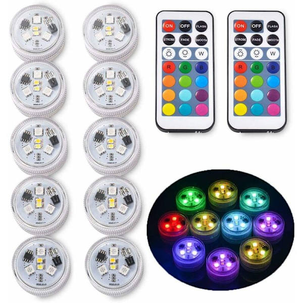 10 stk. Mini LED-lys til undervandsbrug, Mini LED-akvarielampe, undervandslampe, vandtæt RGB-multifarvet LED-stearinlysbelysning med 2 fjernbetjeninger til dekoration af swimmingpool, dam, akvarium og vase