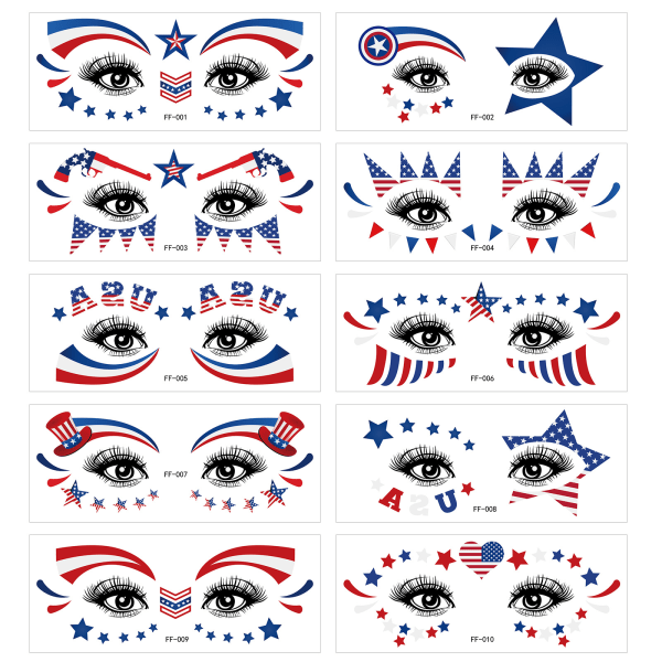 10 Independence Day-tema ansigtsklistermærker med tatoveringsmærkater,