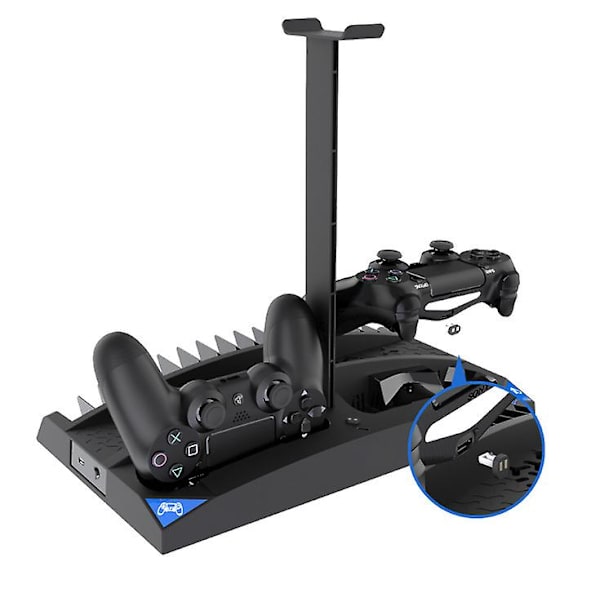 Pystysuora pelitelne 6-in-1 monitoiminen jäähdytystuuletin Kuulokkeiden pidike Ohjaimen latausalusta PS4/PS4 Slim/PS4 Pro