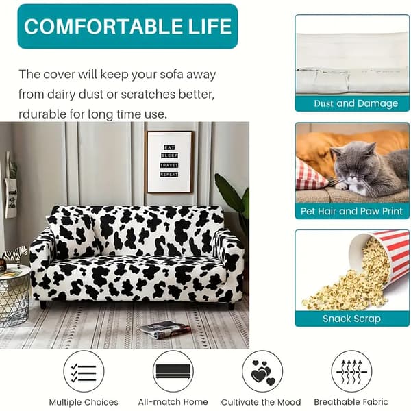1 stk. Klassisk elastisk sofatrekk med svart og hvitt kuprint, stretch polyester spandex-blanding, maskinvaskbart, universell passform for enkel til fireseters sofa