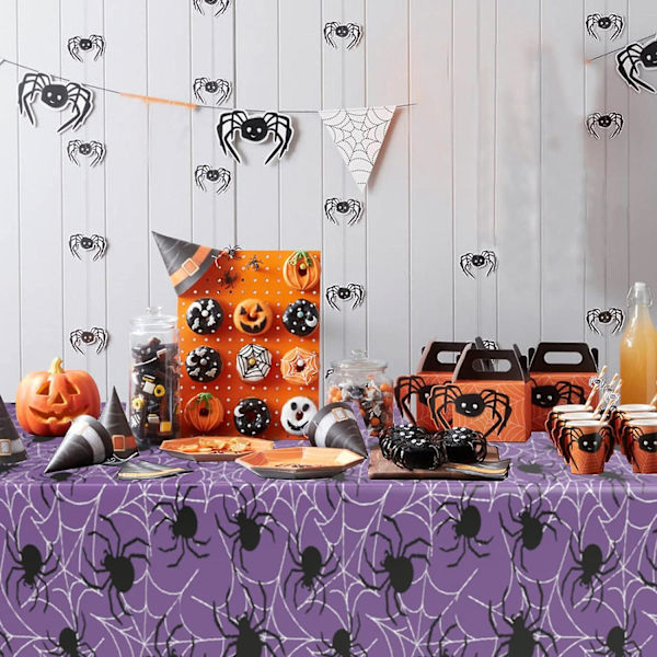 Halloween-bordsduk, rektangulär, plast, 130 x 220 cm, lila spindelnät, stor, vattentät bordsduk för Halloween-dekorationer inomhus och utomhus