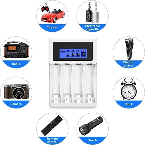 Hvid batterioplader, AA/AAA-oplader med stort LCD-display, 4 C