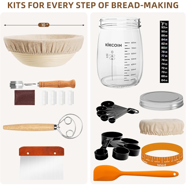 Komplett Surdeg Starter Kit, Kikcoin Banneton Brödjäskorg Set Inkluderar 35oz Surdeg Starterburk, Sur