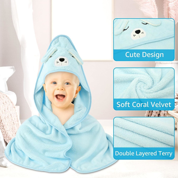 Baby Badehåndkle med Hetter - Superabsorberende Babyhåndkle - Gaver til Nyfødte - Badehåndklær for Jenter Gutter (Blå)