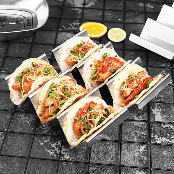 Tacohållare Stativ 4 Pack - Rostfritt Stål Tacoställ Truckbricka Stil, Ugnssäker för Bakning, Diskmaskin och Grill