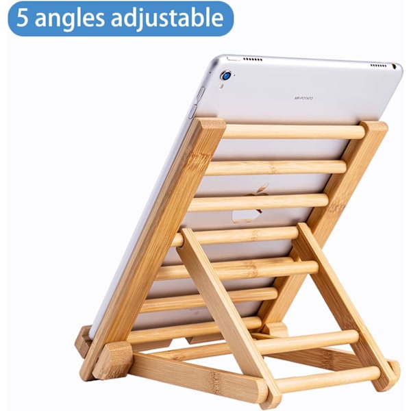 Justerbar sammenleggbar bambus nettbrettstativholder i tre med ladehull for skrivebord iPad matlagingsstativ