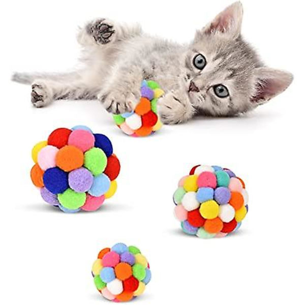 Katt leksak bollar med klocka (3-pack), TUSATIY färgglada mjuka luddiga bollar inbyggd klocka för katter, interaktiva leksaker för inomhuskatter och kattungar