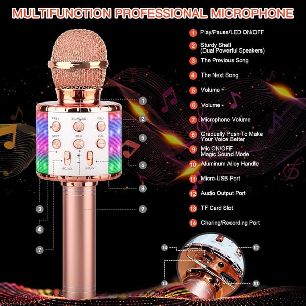 Karaoke-mikrofoni, 4-in-1 langaton mikrofoni LED-valoilla