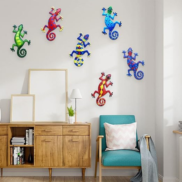 6 stycken metallgecko väggdekoration, väggskulptur, utomhus