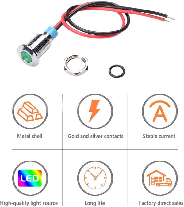 6 stk. 12V-24V 8mm LED Pilot Panel Instrumentbræt Advarselslys Lampe