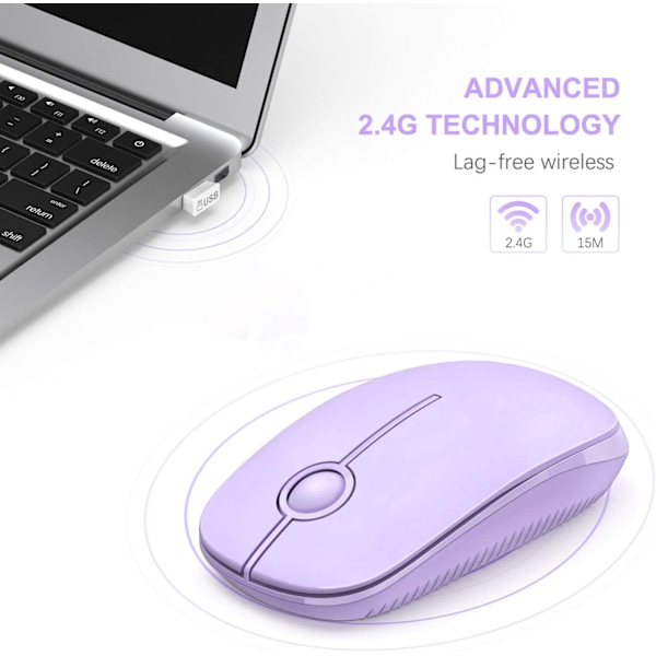 Trådløs Mus, 2.4G Slank Bærbar Computermus med Nano-modtager til Notebook, PC, Laptop, Computer (Lyselilla)
