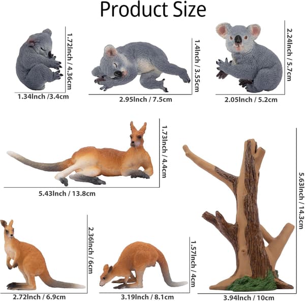 7 stk. australske dyrefigurer inkludert koala og kenguru
