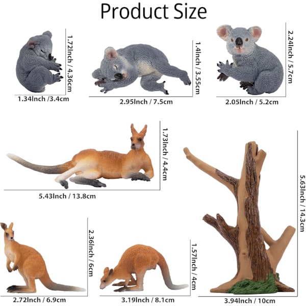 7 stk. australske dyrefigurer inklusive koala og kænguru