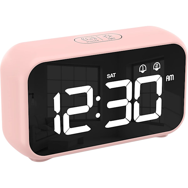 Väckarklocka, digital klocka med tupplurtimer, snooze, USB-driven klocka med dubbla alarm för sovrum, sängbord, kontor (rosa)