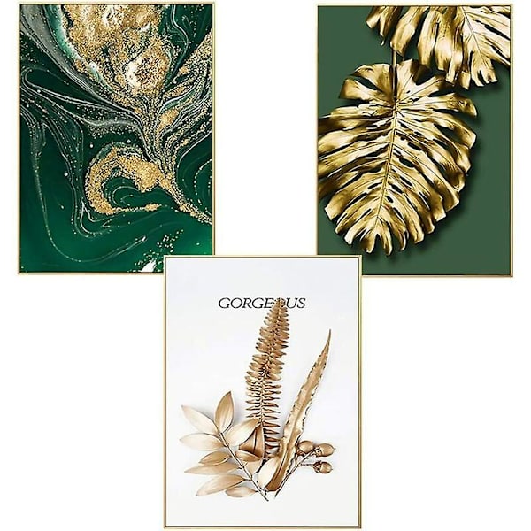 Set med 3 designväggposters med skog, guldblad, palm, oramad, väggdekor för vardagsrum - B - 30x40cm