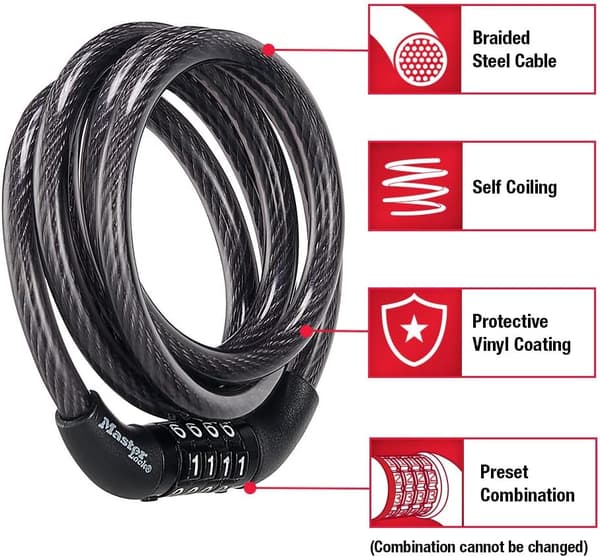 Master Lock Cykellås Kabel, Kombinationscykellås, Kabel Lås til Udendørs Udstyr, Sort