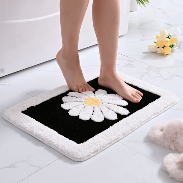 Badeværelsesmåtter, hvid blomst bademåtter fluffy blød superfin fibermåtter skridsikre bademåtter maskinvask plys måtter, bademåtte til badeværelse bruserrum (16\"×24\", sort)