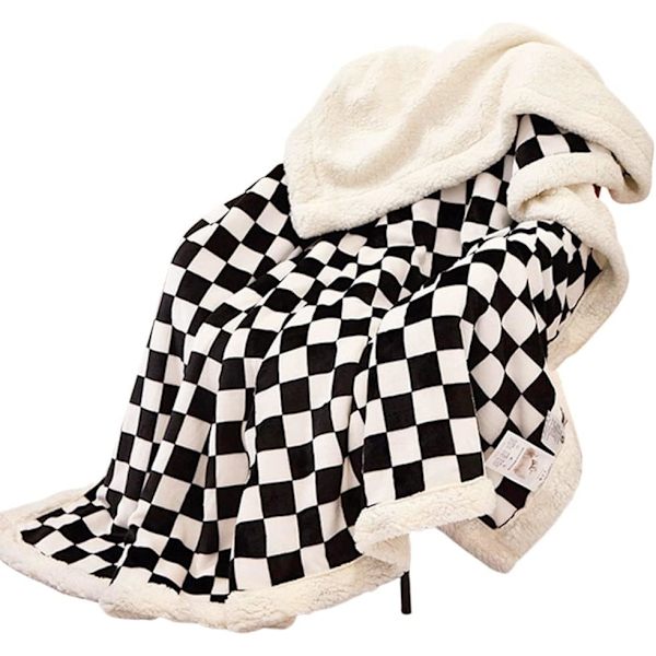 Rutete Fleece-teppe Fluffy Flanell Svart og Hvit Varm og