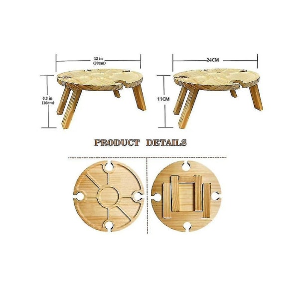 Sammenleggbart piknikbord i tre med vinholder - Bærbar 2 i 1 vinglassholder og romslig tallerken