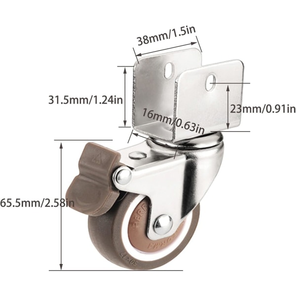 4 stk 50mm U-formet støttehjul, myk gummibrems, møbler