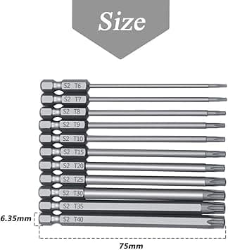 Torx Skruvmejselbits Set 11st, 1/4\" Hexskaft T6-T40 Magnetisk